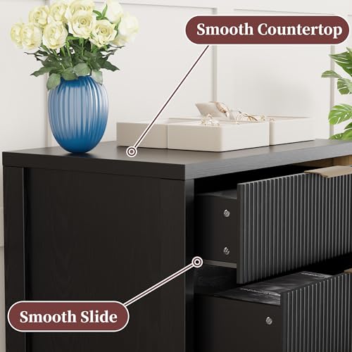 Fluted Nightstand, 23.7'' Wide Night Stand with 3 Drawers, Mid-Century Modern Bedside Table with Handles, Wood End Table for Bedroom, Black