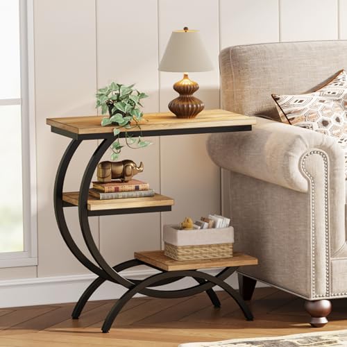 Tribesigns C-Shaped End Table Set of 2, Industrial 3-Tier Small Side Table for Couch, Wood Bedside Table Snack Side Table with Storage Shelves for Living Room Small Space, Light Brown - color: Light Brown