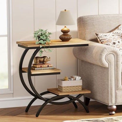 Tribesigns C-Shaped End Table Set of 2, Industrial 3-Tier Small Side Table for Couch, Wood Bedside Table Snack Side Table with Storage Shelves for Living Room Small Space, Light Brown - color: Light Brown