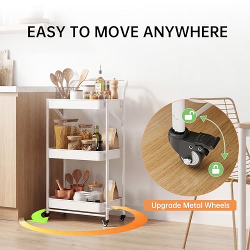 JAQ Foldable Rolling Cart, 3-Tier No Assembly Metal Utility Cart with Handle, Heavy Duty Folding Storage Trolley Organizer on Wheels for Kitchen, Office, Craft Art, Baby Diaper, Snacks, Books, White - color: White /3-tier
