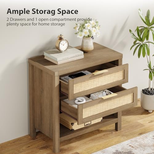 Eclatara Rattan Nightstands Set of 2, Farmhouse Bedside Table with 2 Drawers and Storage Shelf, Rattan Boho Accent Night Stands for Bedroom Large Space Sofa (2, Reclaimed Caramel Oak) - color: Caramel Oak (Large 2 Drawer)