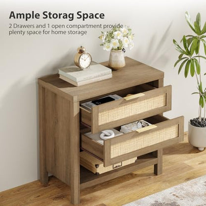 Eclatara Rattan Nightstands Set of 2, Farmhouse Bedside Table with 2 Drawers and Storage Shelf, Rattan Boho Accent Night Stands for Bedroom Large Space Sofa (2, Reclaimed Caramel Oak) - color: Caramel Oak (Large 2 Drawer)