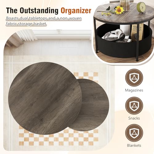 Tangkula Round Nesting Coffee Table Set of 2, Wooden Center End Table with Fabric Storage Basket & Metal Frame, Stacking Side Table for Apartment, Living Room & Bedroom (Gray & Black) - color: Gray & Black
