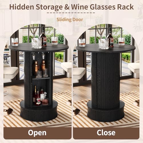 Round Bar Table with 2-Tier Hidden Storage, 38.1" H Wood High Top Table, Bistro Pub Table with Footrest, Cocktail Tables for Coffee Bar, Kitchen Dining Room, Small Space (Black) - color: Black