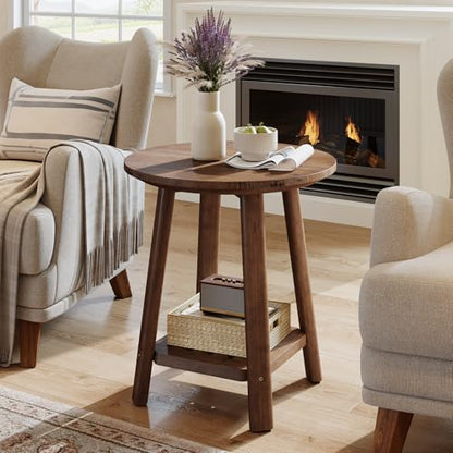 Solid Wood Side Table, 2-Tier Small Round End Table with Storage Shelf, Farmhouse Nightstand for Small Spaces, Living Room, Bedroom, Walnut