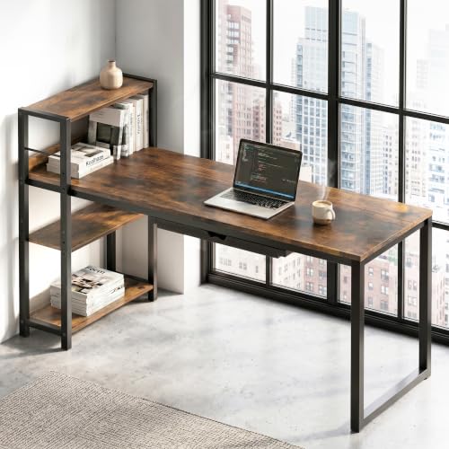 SHW 46-Inch Home Office Computer Desk w/Side Shelf & Drawer, Rustic Brown | w/ Reversible Adjustable Shelf | Drawer with adjustable compartments - color: Rustic Brown
