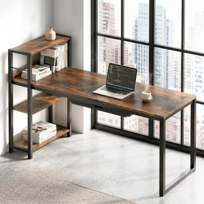 SHW 46-Inch Home Office Computer Desk w/Side Shelf & Drawer, Rustic Brown | w/ Reversible Adjustable Shelf | Drawer with adjustable compartments - color: Rustic Brown