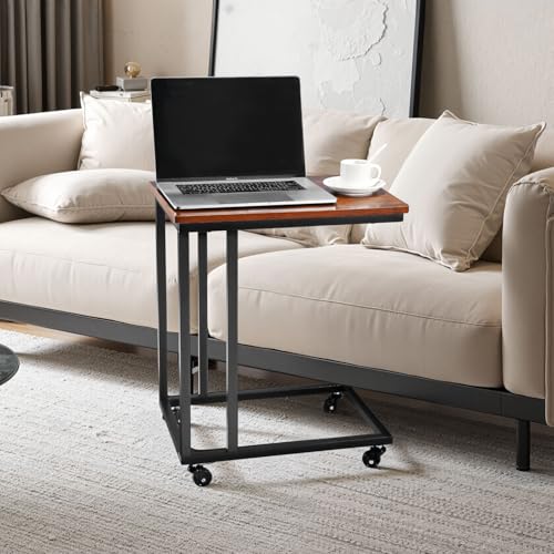 VEVOR C Table, C Shaped Sofa Side Table with Metal Frame Rolling Casters, Portable C Shaped End Stand for Living Room Bedroom Office, 19.69 x 13.78 x 23.82 inches Laptop Side Tables, Brown and Black - style: Normal