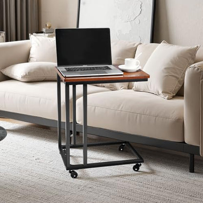 VEVOR C Table, C Shaped Sofa Side Table with Metal Frame Rolling Casters, Portable C Shaped End Stand for Living Room Bedroom Office, 19.69 x 13.78 x 23.82 inches Laptop Side Tables, Brown and Black - style: Normal