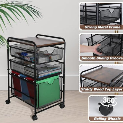 EasyPAG 3-Tier Rolling File Cart with 1 Large & 2 Small Baskets – Adjustable Hanging Organizer, Under Desk Storage, Mobile File Cabinet for Home/Office, Black