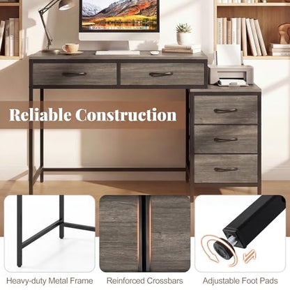 Tangkula Reversible Computer Desk with 5 Drawers, 51-Inch Home Office Desk with Drawers & Printer Stand, Industrial Writing Study Desk, Laptop PC Desk Workstation for Bedroom, Small Spaces (Grey) - color: Grey