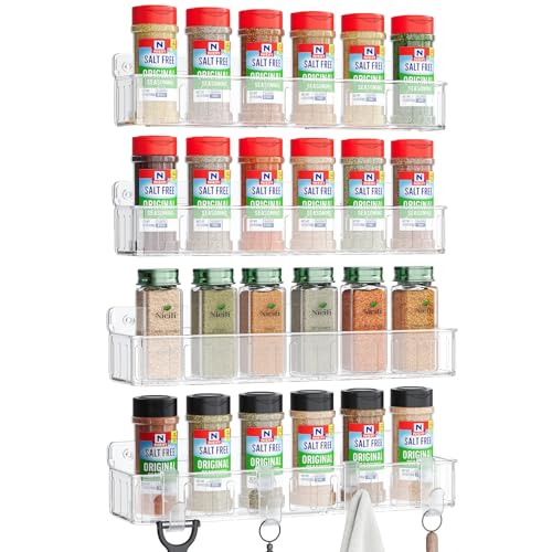 Nieifi Spice Rack Wall Mount, 4 Pack, Clear, 2 Inch Depth, Screw or Adhesive Installation, Spice Rack Organizer for Small Spice Jars, Suitable for Kitchen Cabinet or Pantry Door - color: Clear