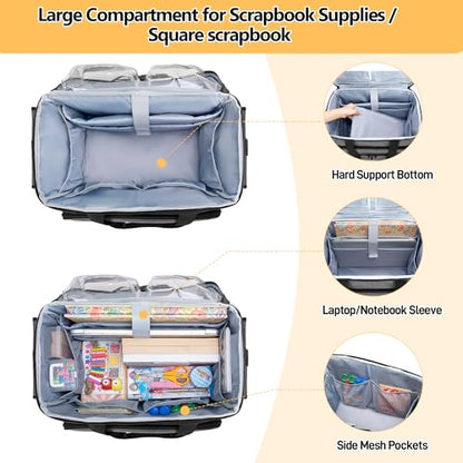 Trunab Rolling Scrapbook Tote with File Pocket & Trolley, Craft Organizer | Expandable File Pocket, Detachable Trolley, Padded Sleeves for 15.6" Laptop, Scrapbooking Supplies & Art Tools - color: Grey