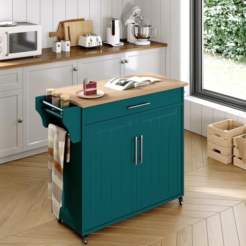 Wood Kitchen Island with Storage, Rolling Kitchen Island On Wheels, Mobile Island Trolley Cart Sideboard Cabinet with Towel Rack, Spice Rack, Adjustable Shelf, Wooden Top & Large Drawer, Dark Green - color: Dark Green