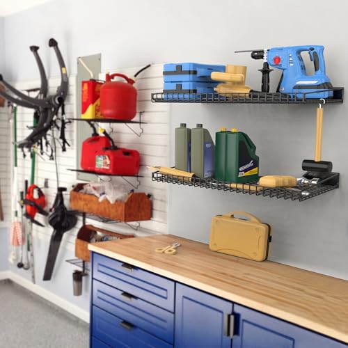 WALMANN 2 Pack Garage Wall Shelf, 23.5" x 12" Wall Mounted Storage Shelves for Garage, Closet, Laundry Room, Heavy Duty Wall Shelving, Holds Up to 65 lbs(Black) - color: Black