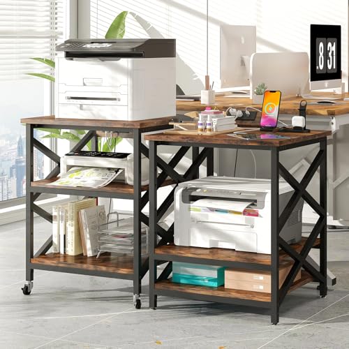 METYERRY 23.6"x23.6" Large Printer Stand with Power Outlet, 3 Tier Cart | Adjustable Shelf, Fits 3D Printers, Laser Printers and Heat Press, 200 lbs Heavy Duty, Industrial Wheels, Home Office - color: Rustic Brown