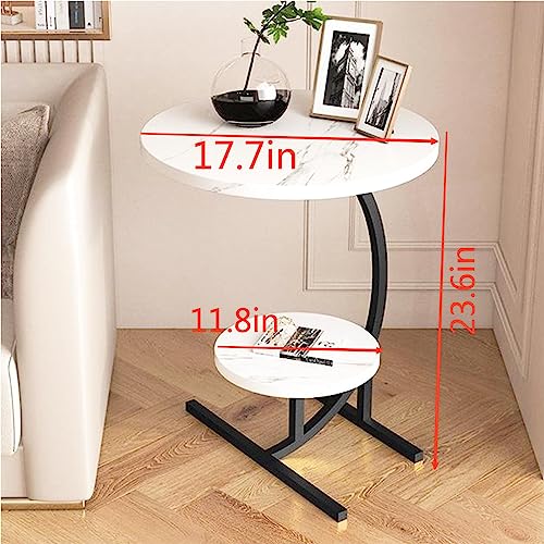 2 Layers Round Marble Texture Small C-Shaped Side Table,Snack Side Table, End Table for Sofa Side Table,Bedside Table for Living Room Kitchen Garden Bedroom