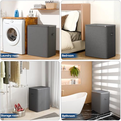 Dual Section 90 liter/23.8 gallon Laundry Hamper Separation Basket with lid, 2 Removable Washing Bags with Handles,Large Laundry Sorter for Easy Clothes Separation - Dark Gray - size: 2 Section,Dark Gray