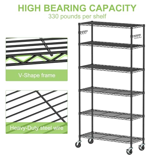 6 Tier Wire Metal Shelving Rack Garage Storage Rolling Shelves with Wheels | Heavy Duty Adjustable Industrial Shelves Unit Utility Sturdy Shelving for Kitchen Garage Pantry Bathroom Laundry - size: 6-Tier Metal Shelf（36L x 14W x 75H）