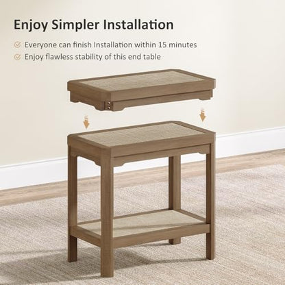 Eclatara Rattan Side Table End Table Farmhouse Boho Nightstand Set of 2 | 2 Tier Rattan Night Stand, Farmhouse Boho Bedside Tables with Ultra-Thick Legs for Bedroom Living Room(Oak,2 Pieces) - color: Caramel Oak, Geometric Edges