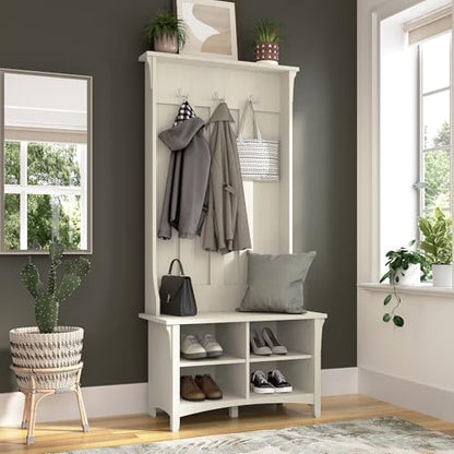 Bush Home Salinas Hall Tree with Shoe Storage Bench in Antique White, Multi-Purpose Home Organizer, Entryway Solution with Seating and Hooks - color: Antique White
