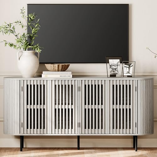 WAMPAT 64.4" Fluted TV Stand, Wood Entertainment Center for TVs Up to 70 inches, Curved Edge Media Console Table with Doors and Shelves for Living Room, Bedroom, White Washed - color: White Washed
