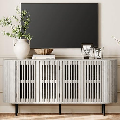 WAMPAT 64.4" Fluted TV Stand, Wood Entertainment Center for TVs Up to 70 inches, Curved Edge Media Console Table with Doors and Shelves for Living Room, Bedroom, White Washed - color: White Washed