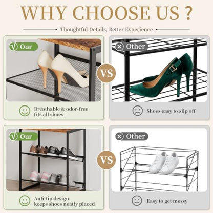 3 Tier Metal Shoe Rack, Sturdy Steel Frame with Rust-Proof Coating, MDF Top, Adjustable Flat Inclined Mesh Shelves, Anti-Tip Scratch-Resistant Feet, Sleek Show Rack for Entryway, Hallway, Garage - size: 3 Tier (16.5″x11.8″x19.8″)