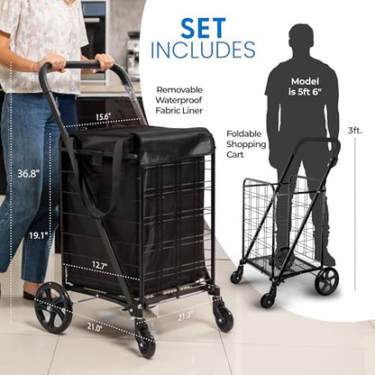 SereneLife Small Compact Folding Shopping Cart with Removable Waterproof Liner – 360° Swivel Wheels, Rust‑Proof Steel Frame, 70 lb Capacity – Portable Grocery, Laundry & Travel Cart (Black) - color: Black