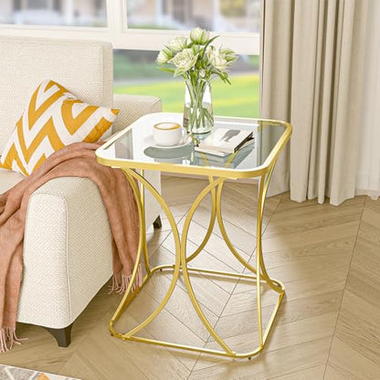 19.68" Square End Table with Tempered Glass Top, Stylish X-Shaped Metal Frame, Living Room Coffee Table, Sofa Side Table, Accent Tables for Small Spaces, Modern Bedside Table (Gold) - color: Gold, style: Style 2