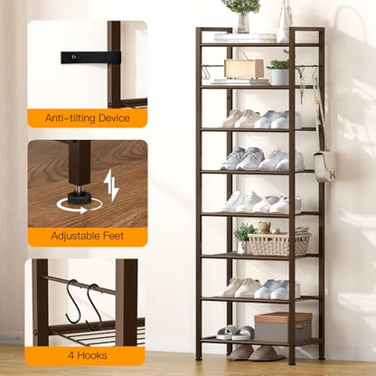 usikey 8 Tiers Narrow Shoe Rack 16-24 Pairs, Sturdy Metal Tall Shoe Rack with 4 Hooks, Slim Shoe Storage Organizer with Metal Shelf, Space Saving Vertical Shoe Shelf for Closet Entryway, Bronze - color: 8 Tier ( 17.9 X 11 X 55.5 Inches)-bronze
