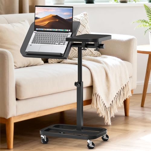 Large-Size Portable Laptop Rolling Desk with Wheels, Adjustable Height and Tilt Top Stable Mobile Over-Bed Table for Home Use（Black） - color: Black