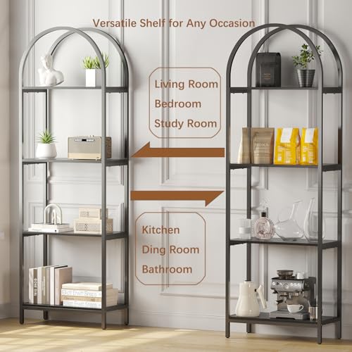 Bookshelf Arched Bookcase, 4 Tier Open Shelves with Metal Frame, Tall Freestanding Display Shelf for Home Office, Living Room,Easy Asssemble, Black - color: Black, size: 4 Tier Arched