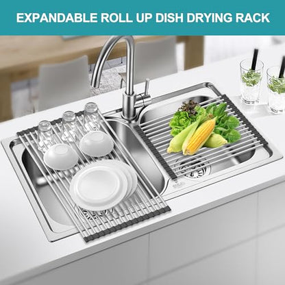 Extra Large Expandable Roll Up Dish Drying Rack,Over The Sink Drying Rack Sink Cover Kitchen Sink Accessories Kitchen Rolling up Stainless Steel Drainer, Foldable,Rollable（Black，22.8''-12.4''） - color: Black, style: 16 tubes，expandable