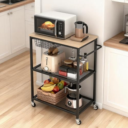 Rolling Kitchen Microwave Cart, 3 Tier Microwave Table Stand with Storage, Kitchen Utility Cart on Lockable Wheels, Small Coffee Cart Shelf Rack Organizer for Kitchen Island Coffee Bar Office Black