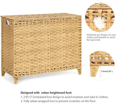 Laundry Hamper with 4 Removable Liner Bags; 176L Handwoven Rattan Laundry Basket with Lid & Heightened Feet; Clothes Hamper with Side Handles - color: Natural, size: 176L-4 Section