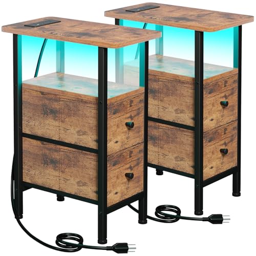 LOAKEKEL Narrow Nightstand with Charging Station, End Tables Living Room Set of 2, Skinny Side Table with Fabric Drawers, Small Sofa Table with LED Light for Bedroom, Rustic Brown, HETNDP02LPBR - color: Rustic Brown, style: Power + Light