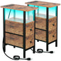 LOAKEKEL Narrow Nightstand with Charging Station, End Tables Living Room Set of 2, Skinny Side Table with Fabric Drawers, Small Sofa Table with LED Light for Bedroom, Rustic Brown, HETNDP02LPBR - color: Rustic Brown, style: Power + Light