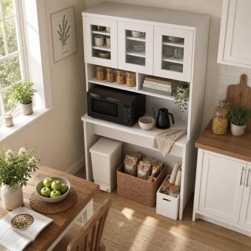 Garvee 71.5" Kitchen Cabinet with Trash Can Storage, Kitchen Trash Can Cabinet with Microwave Stand, 35.4" Wide Kitchen Pantry with Garbage Storage for Dining Room - color: White