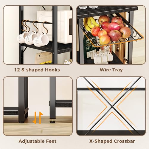 SUPERJARE Large Bakers Rack with Power Outlets, 6-Tier Microwave Stand, Coffee Bar with 12 S-Shaped Hooks, Kitchen Shelf with Wire Basket, 39.4 x 14.6 x 66.9 Inches, Black - color: Black, size: 39.4inch