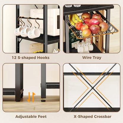 SUPERJARE Large Bakers Rack with Power Outlets, 6-Tier Microwave Stand, Coffee Bar with 12 S-Shaped Hooks, Kitchen Shelf with Wire Basket, 39.4 x 14.6 x 66.9 Inches, Black - color: Black, size: 39.4inch