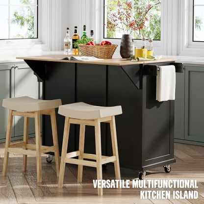 Kitchen Island with Storage on Wheels, 53" Large Rolling Kitchen Island with Drop Leaf, Mobile Kitchen Islands Cart with 3 Drawers 2 Cabinet, Open-Shelf, Islands Table (Black, 3 Drawers)