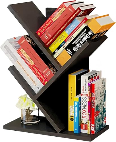 Godferyxin Tree Bookshelf, 3-Tier Wood Small Bookshelf and Mini Bookcase for Office, Home or School Desk Book Shelf for for Displaying Books, CDs, Magazines Wood Storage Rack - color: Black Coffee, size: 16"tall | 3-Tier
