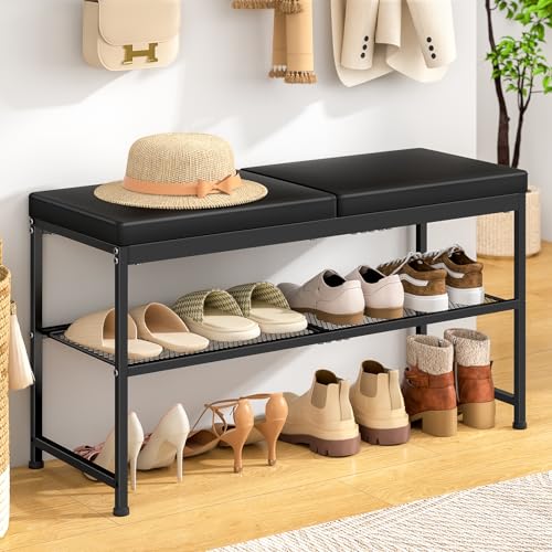 DAOUTIME Shoe Rack Bench, 2-Tier Shoe Storage Organizer with PU Seat Cushion, Entryway Bench with Height-Adjustable Metal Mesh Shelves, Modern Bench Seat for Bedroom Living Room Hallway Foyer, Black