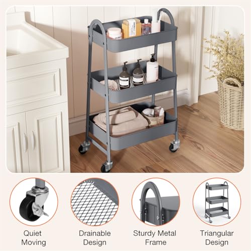 3-Tier Metal Rolling Utility Cart, Small Rolling Cart Kitchen Trolley Bathroom Laundry Room Bar Office Shelves Storage Organizer Shelving Unit with Caster Wheels for Narrow Places, Grey - color: Gray