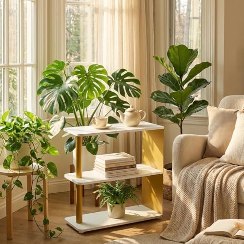 3-Tier Narrow End Table, Industrial Slim Side Table for Small Spaces, Sofa Couch Table Accent Nightstand with Storage Shelves for Living Room, Bedroom, Gold and White - color: Gold