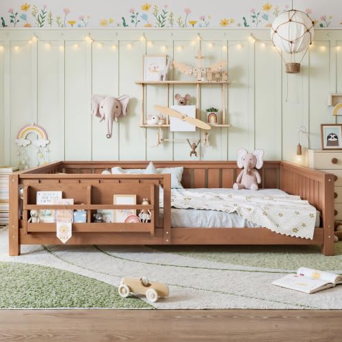 Bellemave Kids Queen Bed Frame with Bookshelf & Safety Guardrails, Solid Wood Montessori Floor Bed with Low-Profile Design for Kids Girls Boys (Blue/Queen) - color: Dark Natural, size: Queen