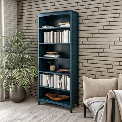 Camaflexi Shaker Style 6 Shelf Bookcase/Solid Wood / 72" High/Adjustable Shelving/Closed Back/Display Bookshelf for Living Room, Bedroom, Home and Office, Deep Ocean Blue - color: Deep Ocean Blue, size: 72"