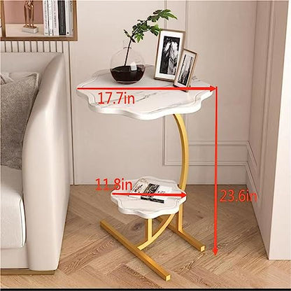 2 Layers Flower Shape Marble Texture Small C-Shaped Side Table,Snack Side Table, End Table for Sofa SideTable,Bedside Table for Living Room Kitchen Garden Bedroom - color: White+gold