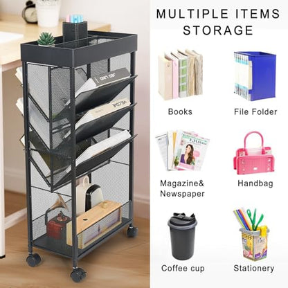 gianotter Book Rack Storage Bookshelf, 5 Tier Book Carts with Wheels, Rolling Cart Organizer for Study Office Kitchen Classroom